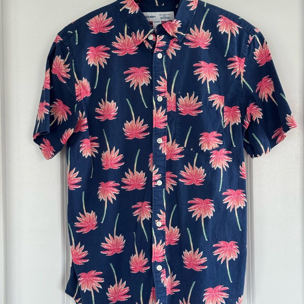 Old Navy Men's Blue Shirt with Pink Floral Design